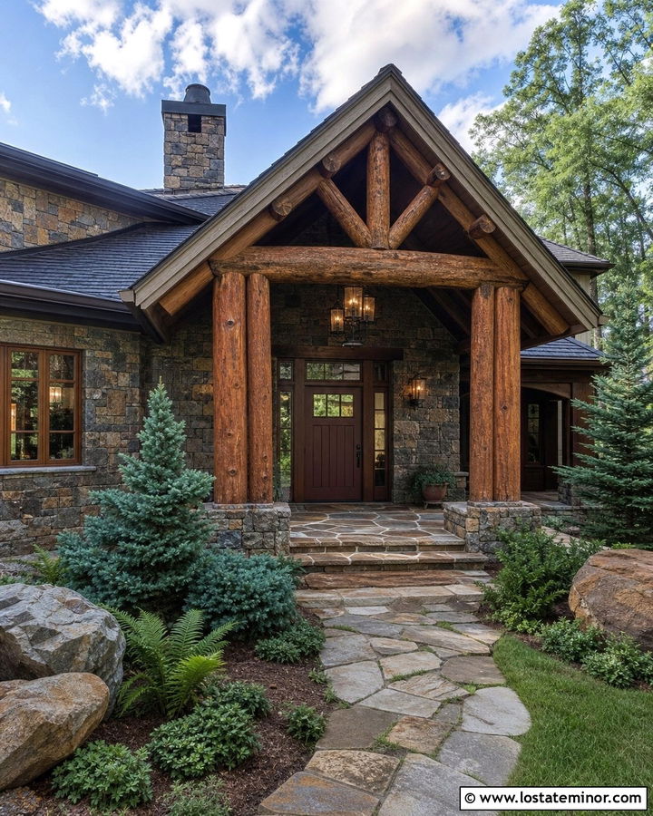 Stone House With Rustic Log Portico - 30 Stone House Design With Portico Ideas