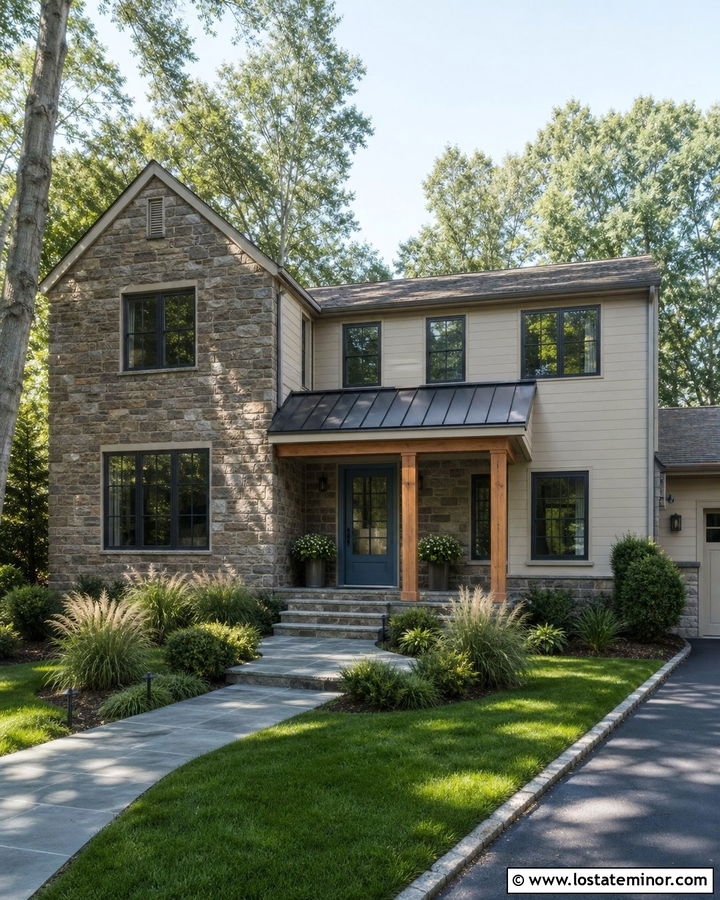 Stone House With Shed Roof Portico - 30 Stone House Design With Portico Ideas