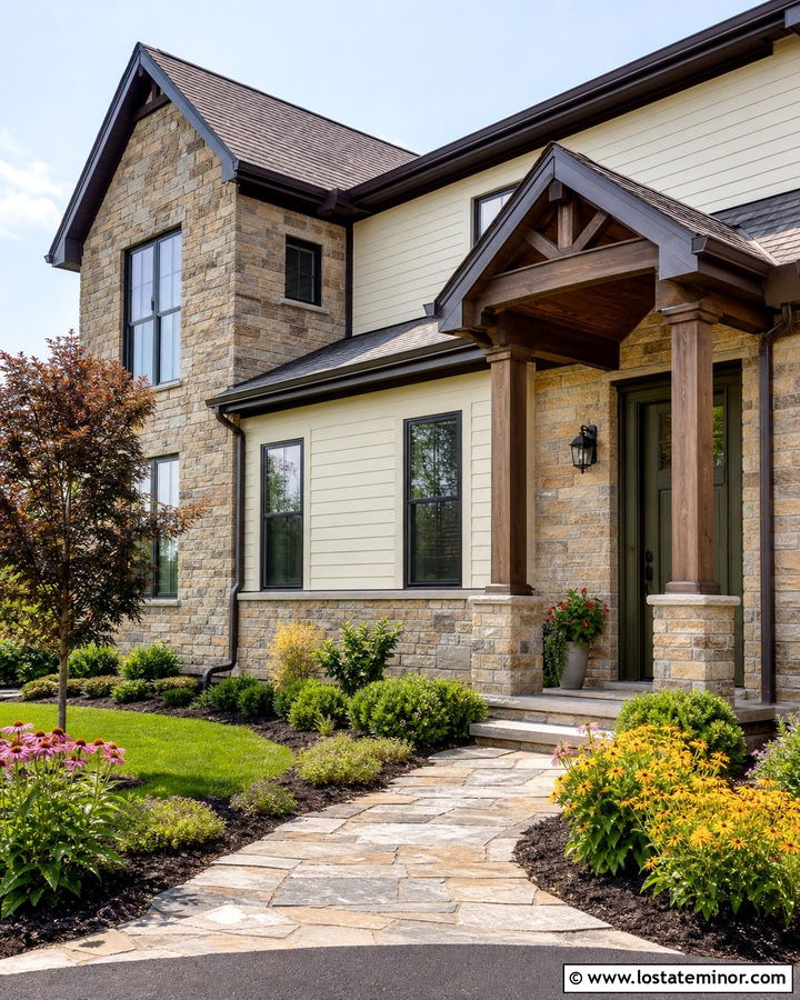 Stone House With Side Entry Portico - 30 Stone House Design With Portico Ideas