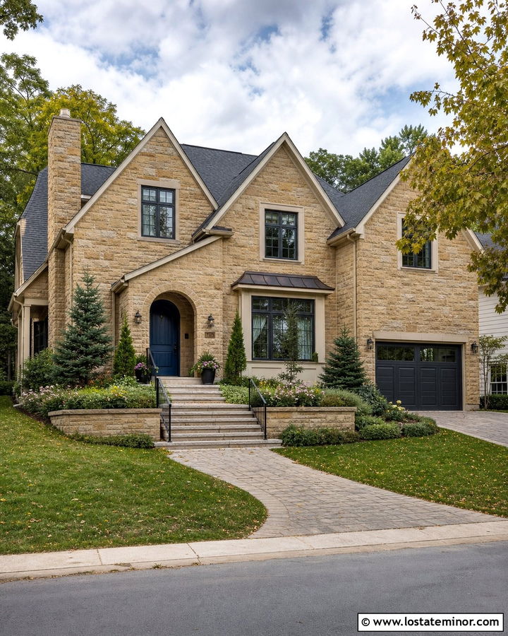 Stone House With Sidewall Planter Steps - 30 Stone House Design With Steps Ideas