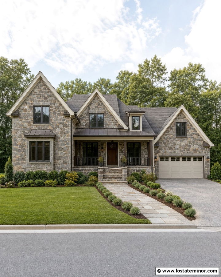 Stone House With Simple Porch Railings - 30 Stone House Design With Railings Ideas