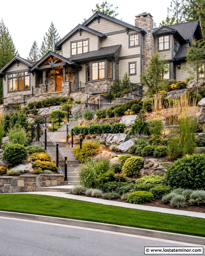 Stone House With Sloped Front Yard - 30 Stone House Design With Front Yard Ideas
