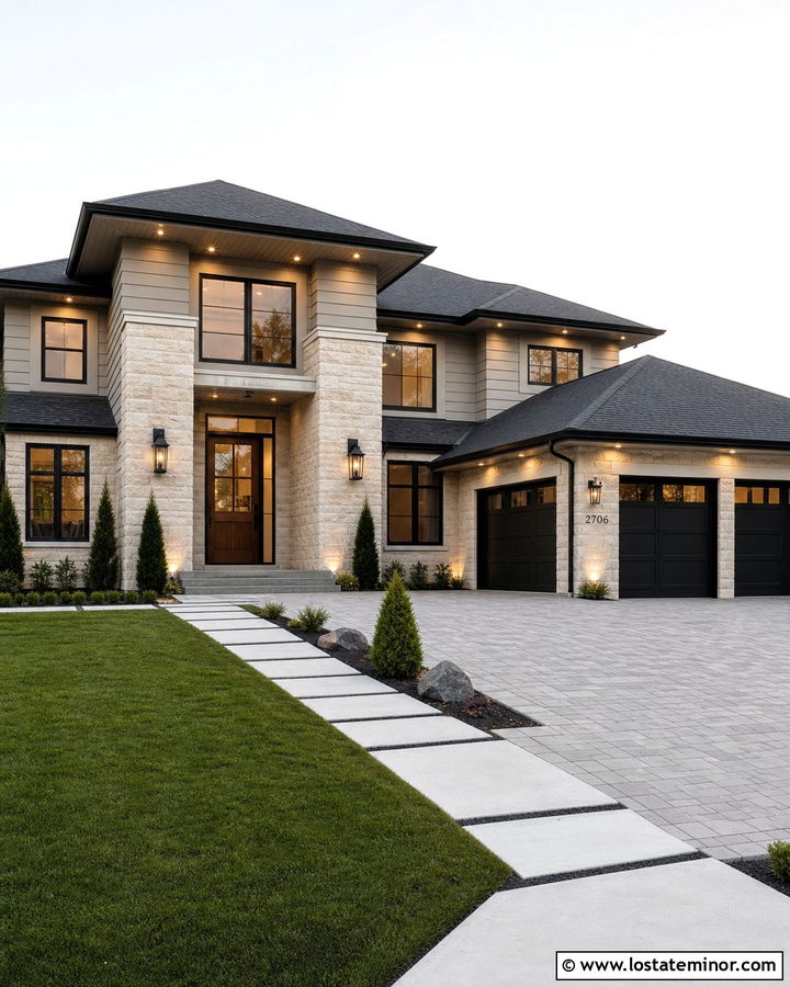 Stone House With Soffit Downlights - 30 Stone House Design With Light Fixtures Ideas