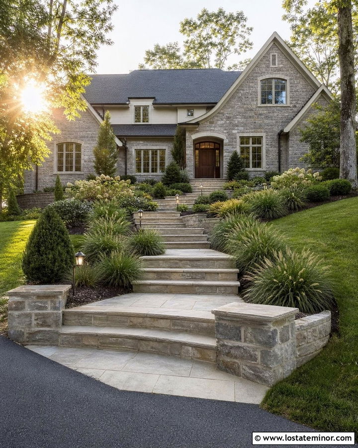 Stone House With Stepped Walkway Entrance - 30 Stone House Design With Steps Ideas