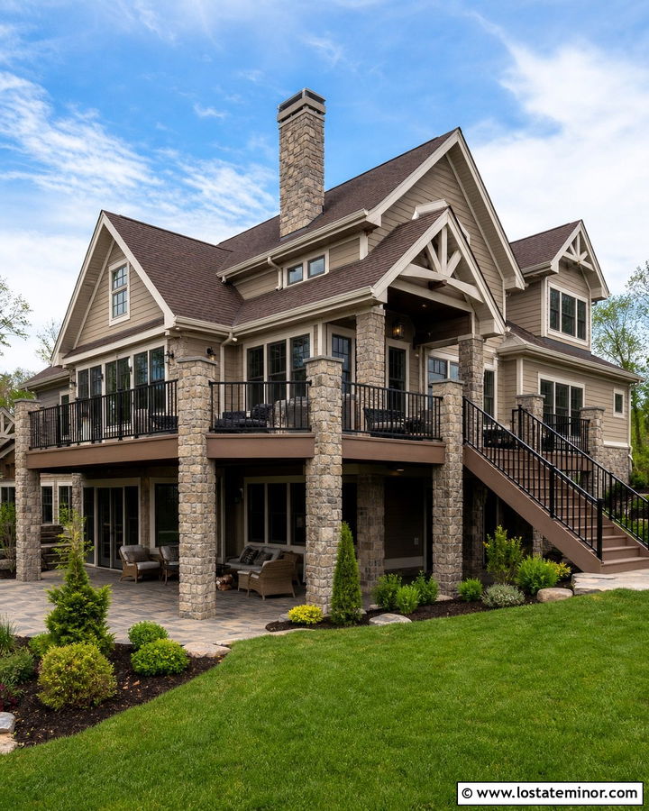 Stone House With Stone Column Deck - 30 Stone House Design With Deck Ideas