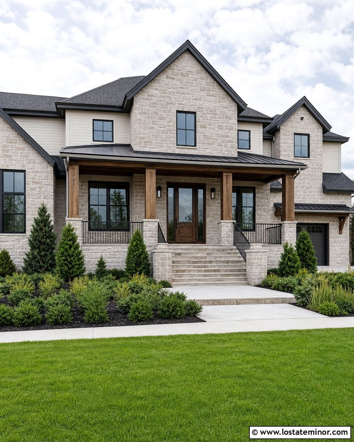 Stone House With Stone Piers And Metal Railings - 30 Stone House Design With Railings Ideas