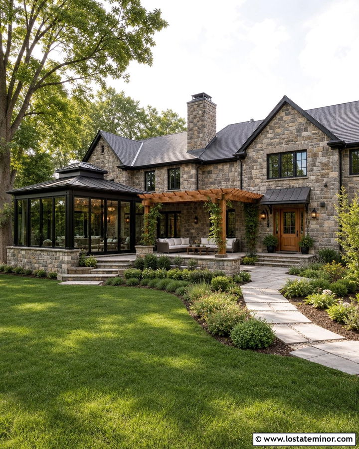 Stone House With Sunroom And Pergola - 30 Stone House Design With Sunroom Ideas