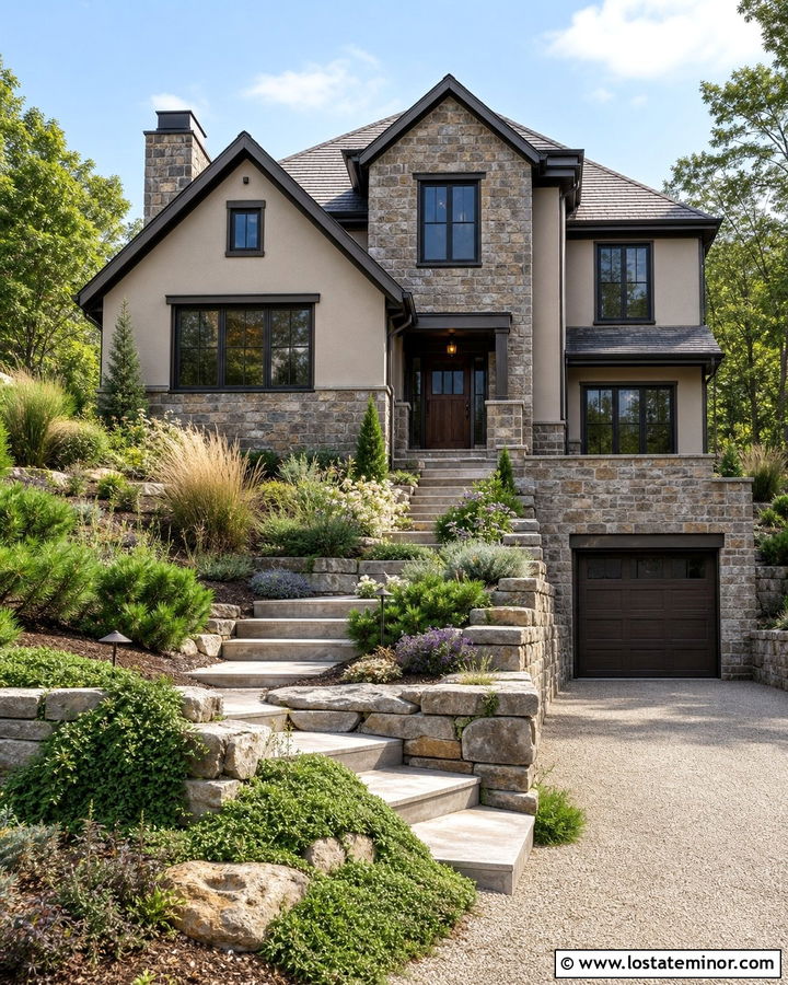 Stone House With Terraced Front Yard - 30 Stone House Design With Landscaping Ideas