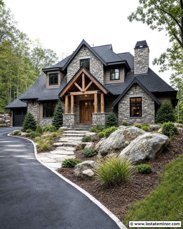 Stone House With Timber Frame Portico - 30 Stone House Design With Portico Ideas