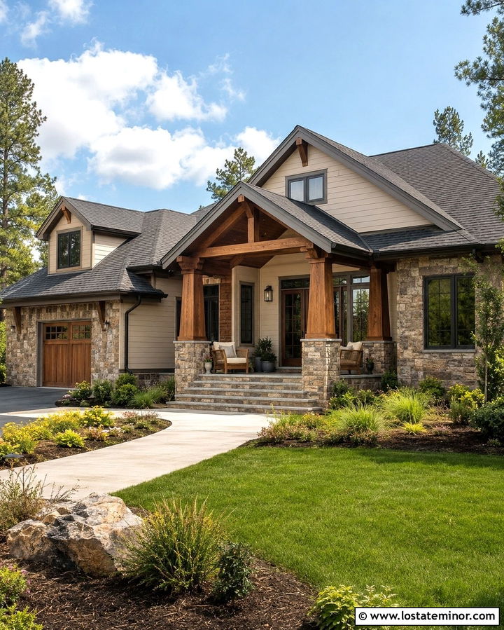 Stone House With Timber Porch Columns - 30 Stone House Design With Accents Ideas