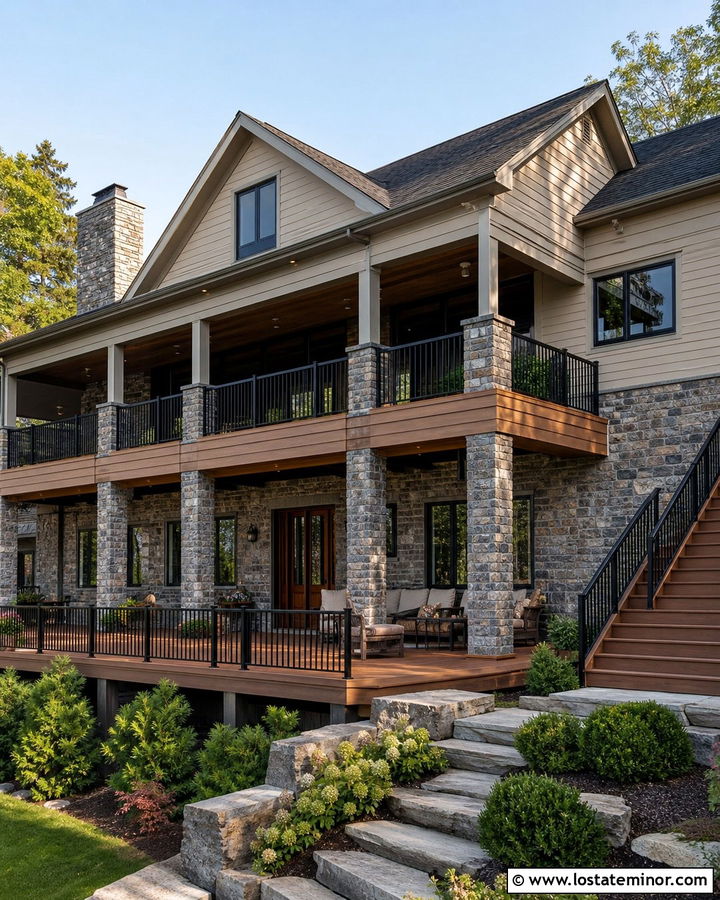 Stone House With Two Story Deck - 30 Stone House Design With Deck Ideas