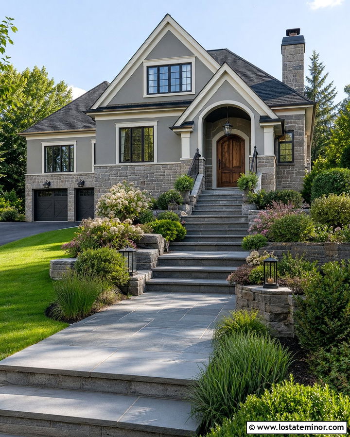 Stone House With Walkway And Retaining Walls - 30 Stone House Design With Walkway Ideas