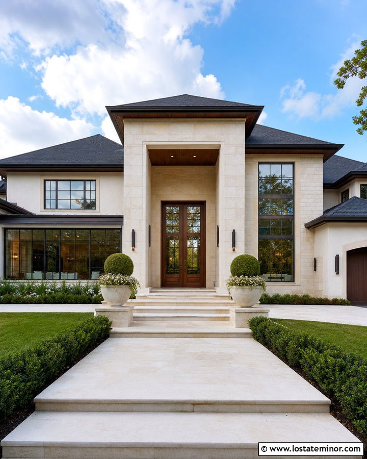 Stone House With Walnut Double Entry Doors - 30 Stone House Design With Entry Door Ideas