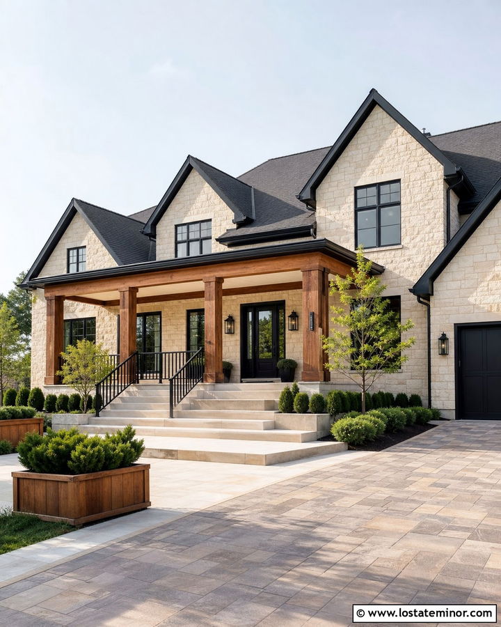 Stone House With White Ceiling And Wood Beams - 30 Stone House Design With Porch Ceiling Ideas