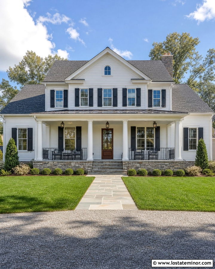 Stone House With White Columns And Black Railings - 30 Stone House Design With Railings Ideas