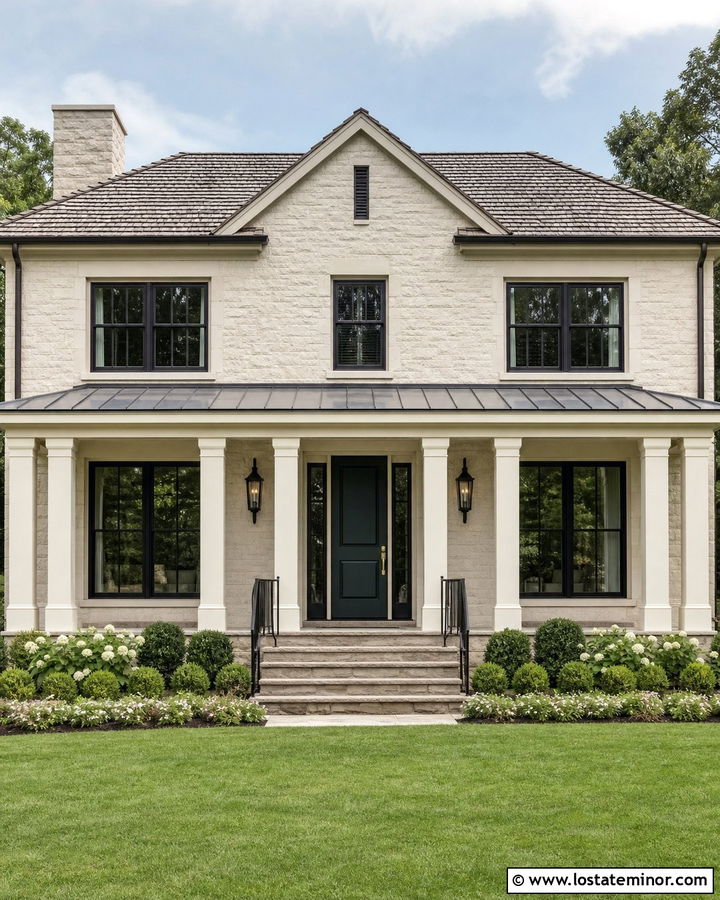 Stone House With White Double Porch Columns - 30 Stone House Design With Porch Columns Ideas