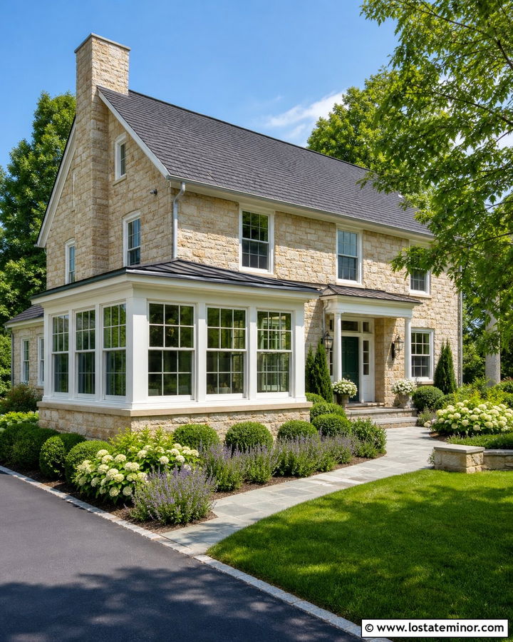 Stone House With White Frame Sunroom - 30 Stone House Design With Sunroom Ideas