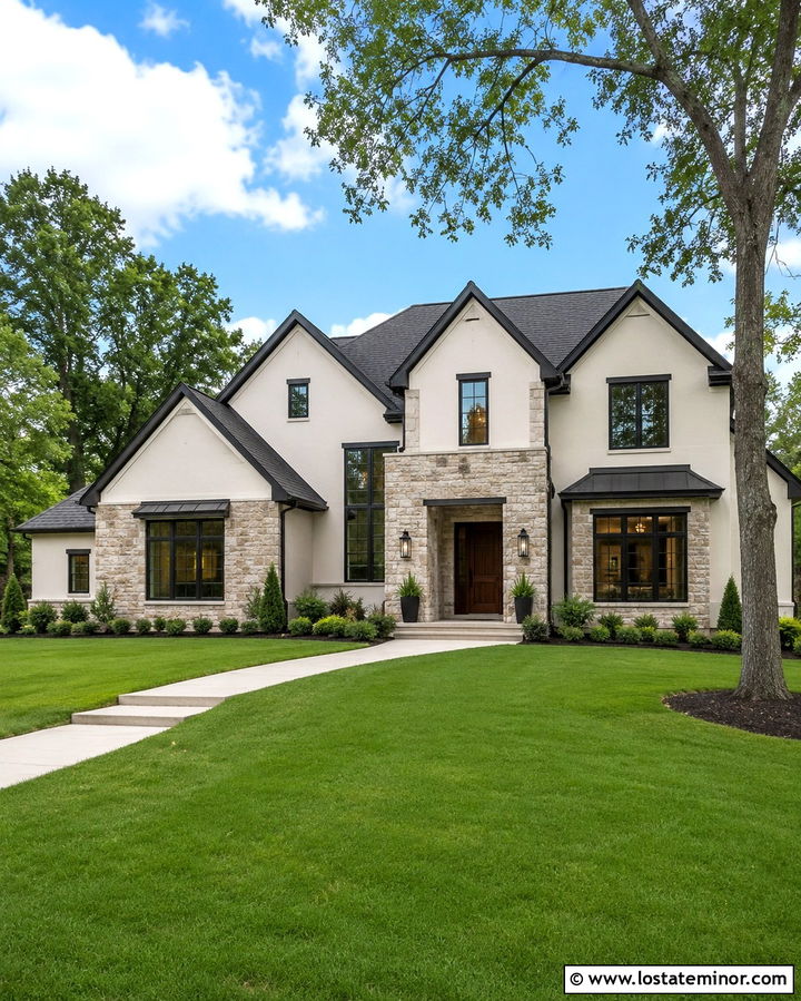 Stone House With White Siding And Black Trim - 30 Stone House Design With Accents Ideas
