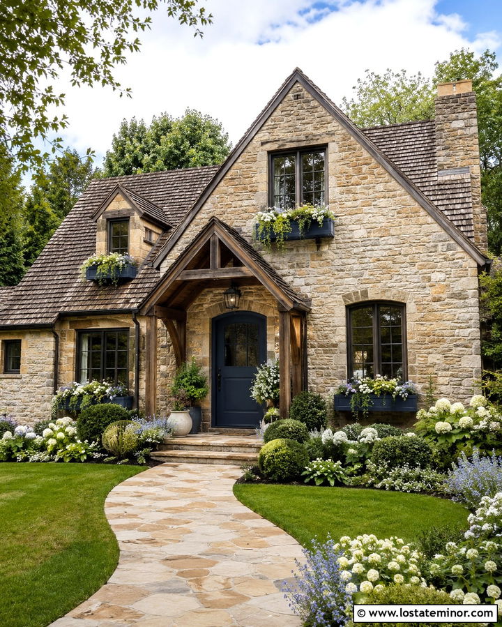 Stone House With Window Boxes And A Blue Front Door - 30 Stone House Design With Window Boxes Ideas