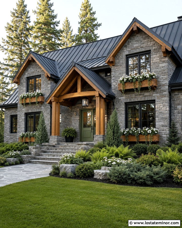 Stone House With Window Boxes And A Cedar Porch - 30 Stone House Design With Window Boxes Ideas