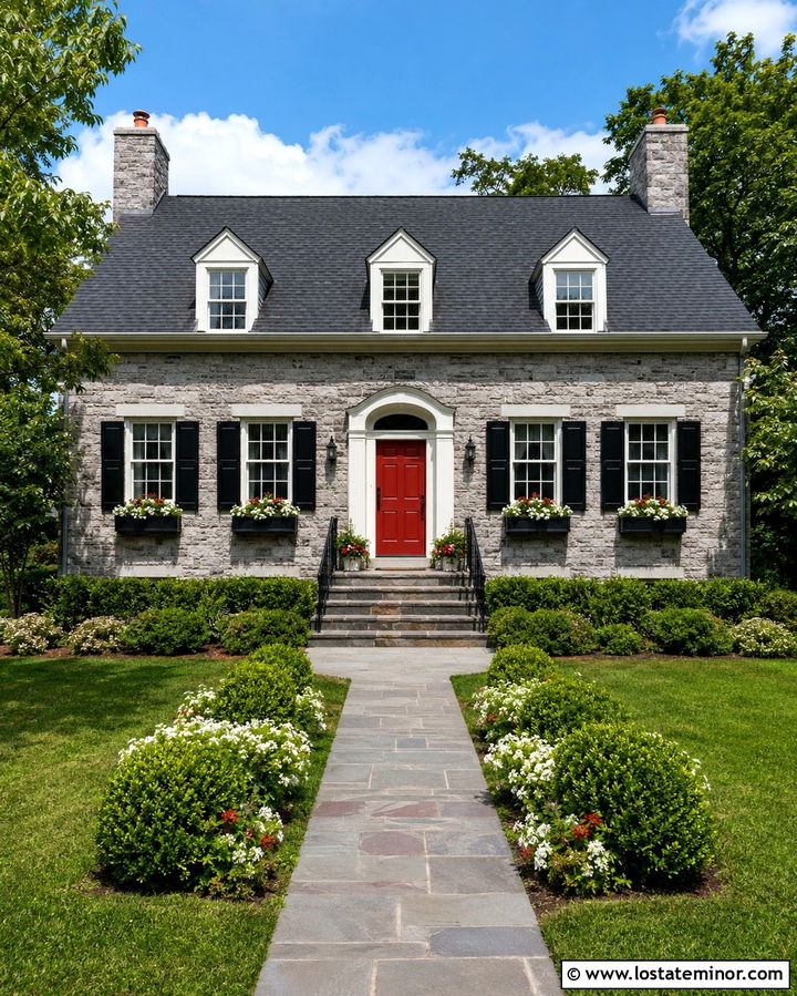 Stone House With Window Boxes And A Red Front Door - 30 Stone House Design With Window Boxes Ideas