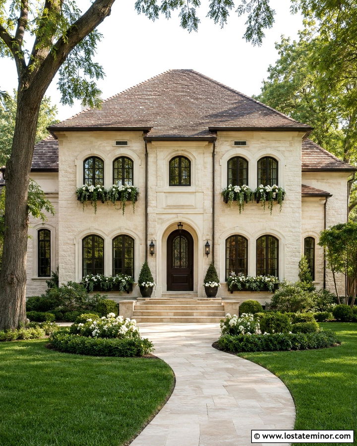 Stone House With Window Boxes And Arched Windows - 30 Stone House Design With Window Boxes Ideas