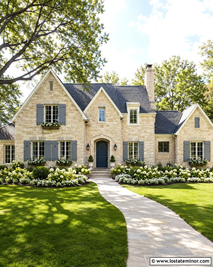 Stone House With Window Boxes And Blue Shutters - 30 Stone House Design With Window Boxes Ideas