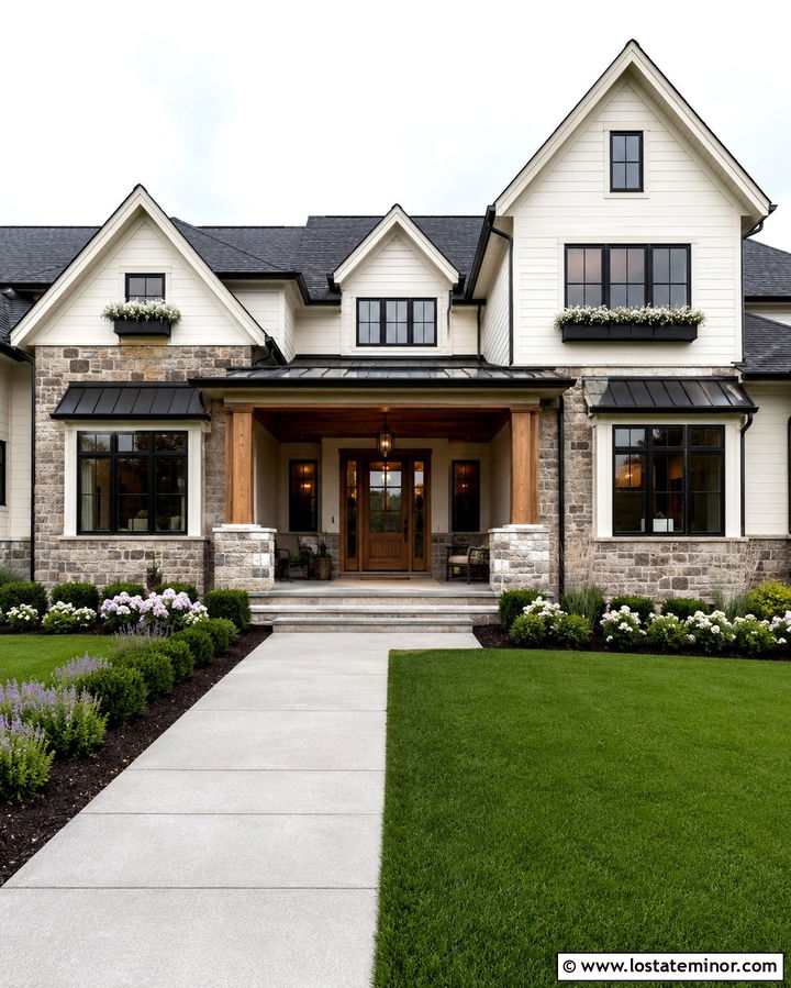 Stone House With Window Boxes And White Siding - 30 Stone House Design With Window Boxes Ideas
