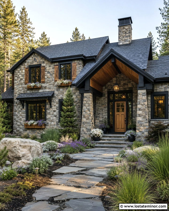 Stone House With Window Boxes And Wood Shutters - 30 Stone House Design With Window Boxes Ideas