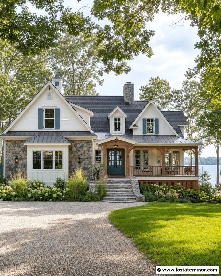 Stone Lake House With Blue Green Shutters - 30 Stone House Design With Shutters Ideas