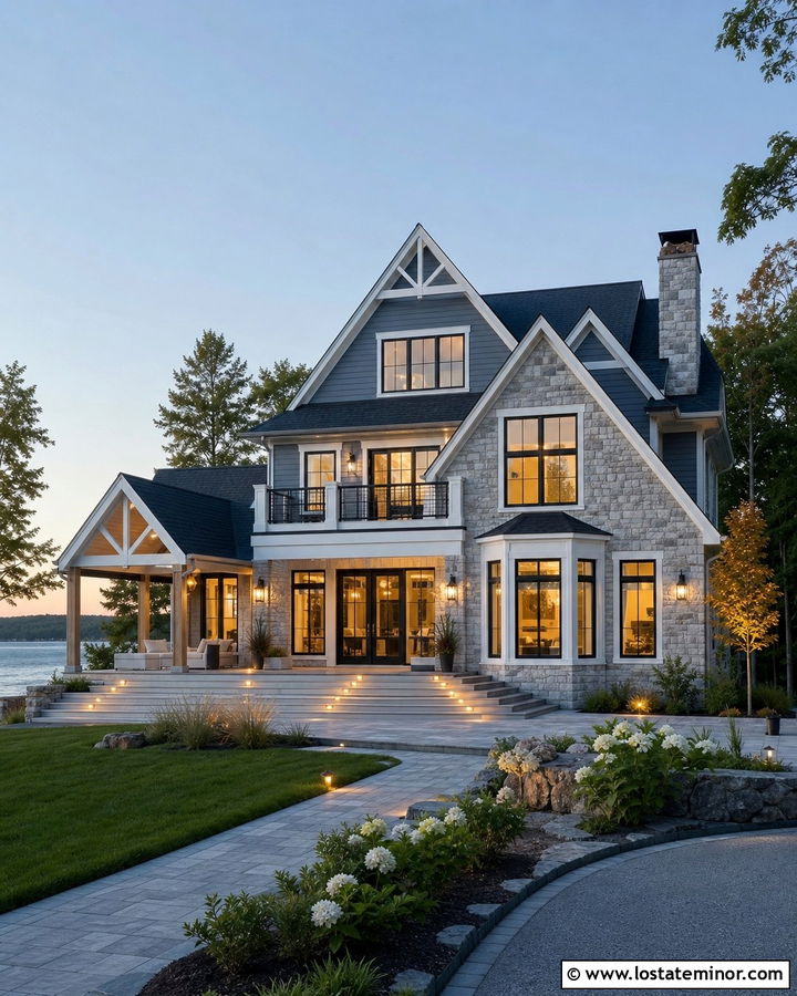 Stone Lake House With Deck Lighting - 30 Stone House Design With Lighting Ideas
