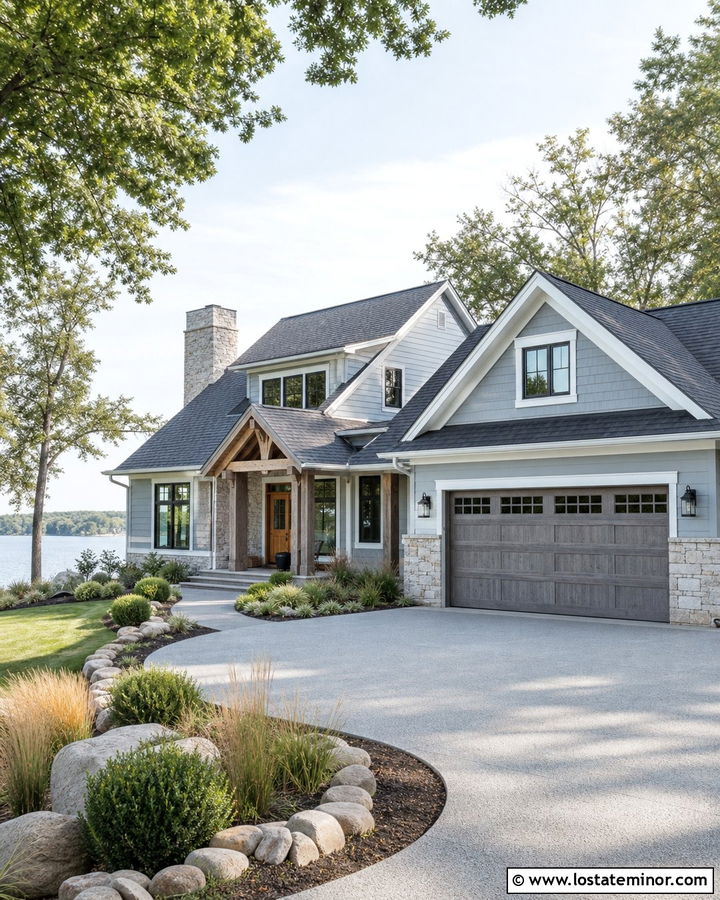 Stone Lake House With Driftwood Garage Door - 30 Stone House Design With Garage Door Ideas