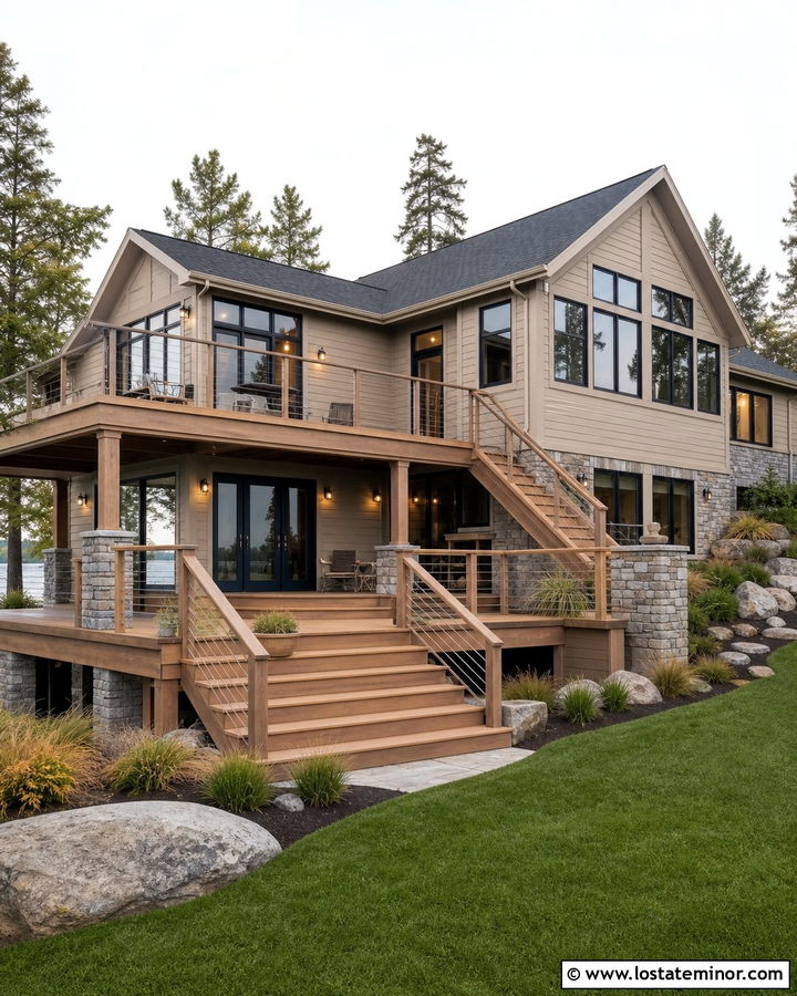 Stone Lake House With Multi Level Deck - 30 Stone House Design With Deck Ideas