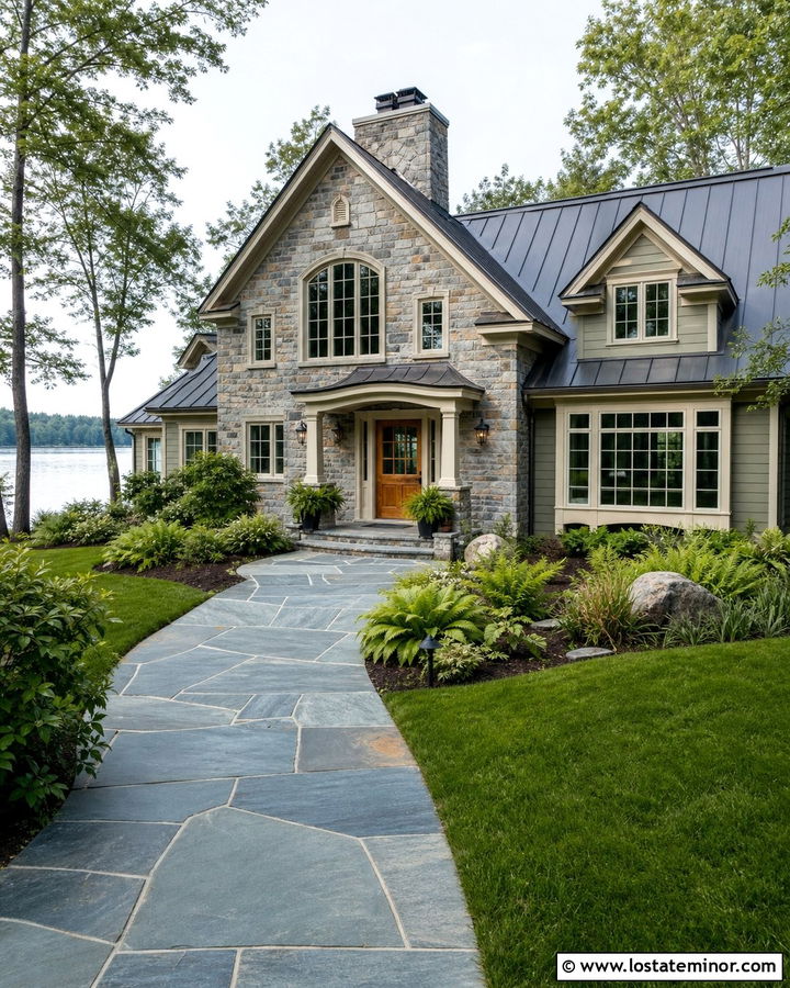 Stone Lake House With Natural Slate Walkway - 30 Stone House Design With Walkway Ideas