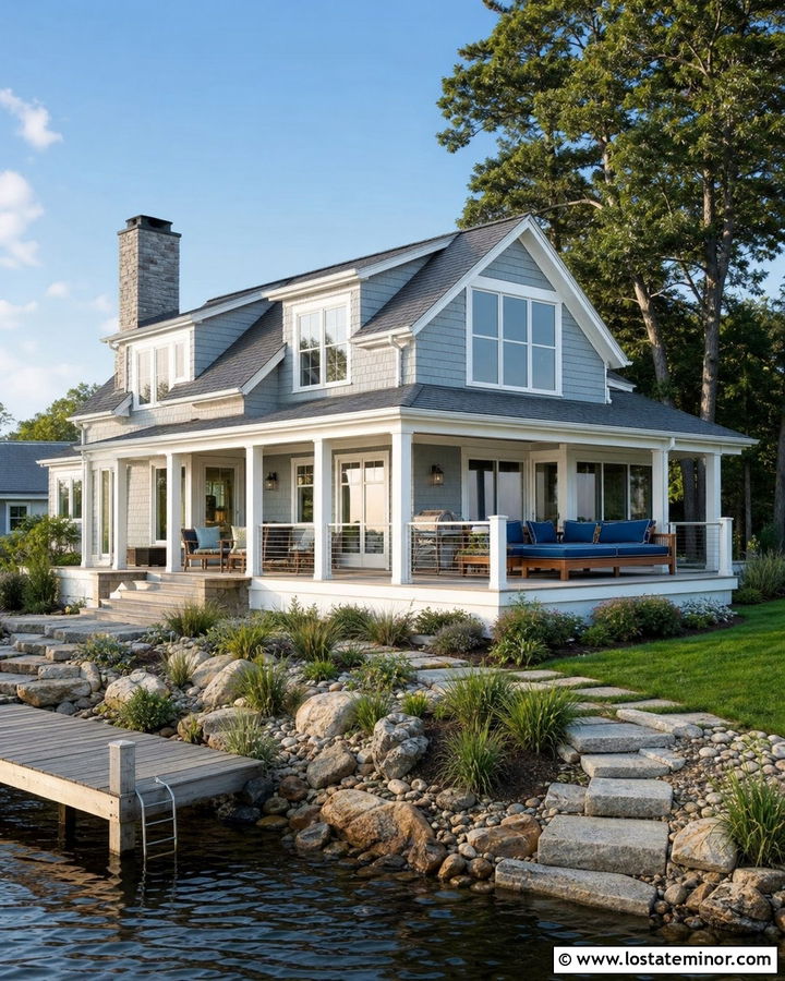 Stone Lake House With Waterfront Daybed - 30 Stone House Design With Daybed Ideas