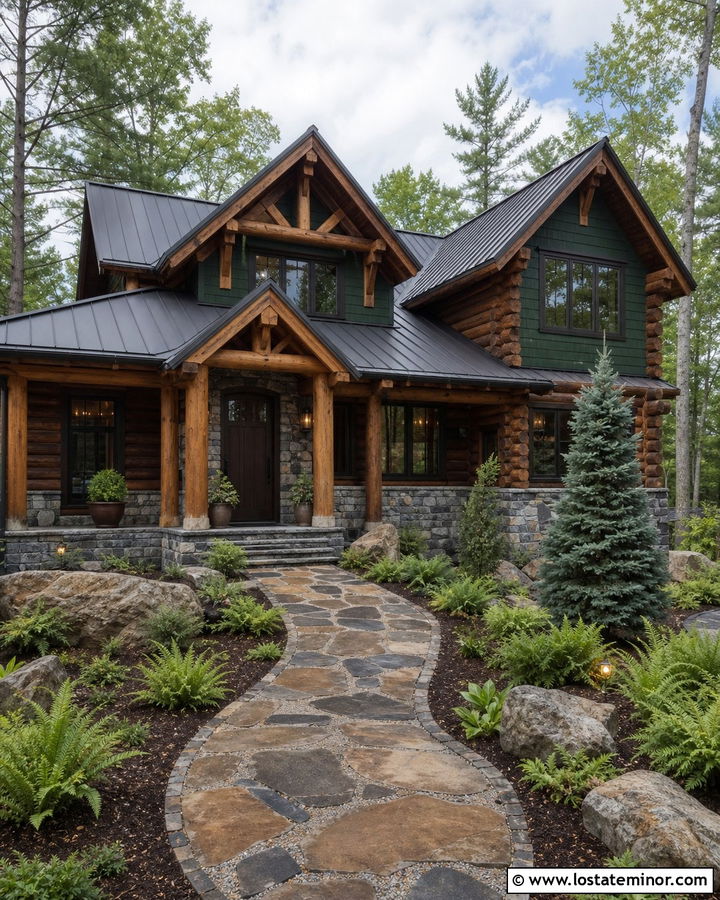 Stone Log House With Woodland Walkway - 30 Stone House Design With Walkway Ideas