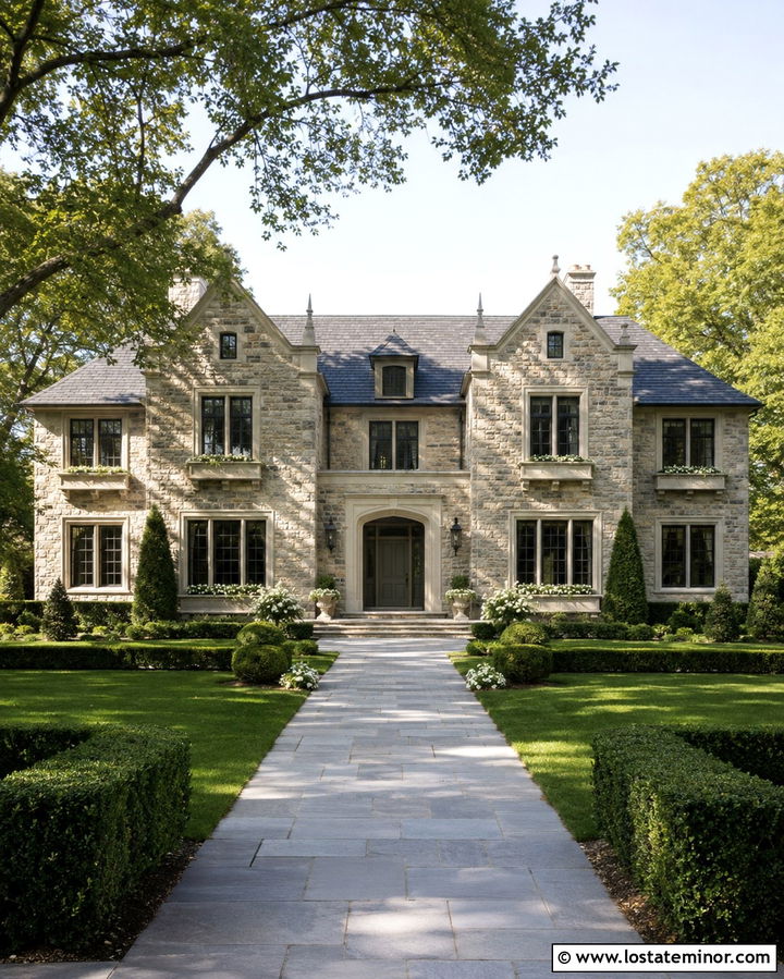 Stone Manor House With Cast Stone Window Boxes - 30 Stone House Design With Window Boxes Ideas
