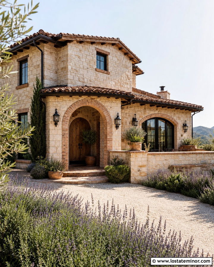 Stone Mediterranean House With Brick Courtyard Accents - 30 Stone House Design With Brick Accents Ideas