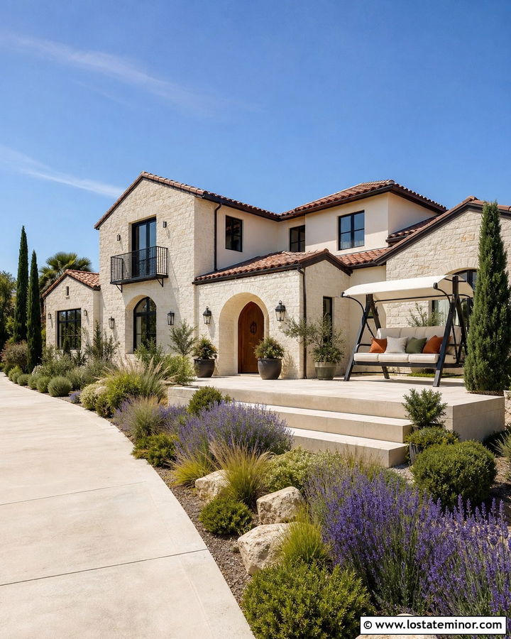 Stone Mediterranean House With Canopy Swing - 30 Stone House Design With Swing Ideas