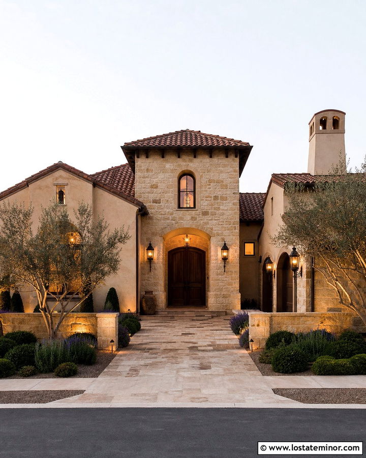 Stone Mediterranean House With Courtyard Lighting - 30 Stone House Design With Lighting Ideas