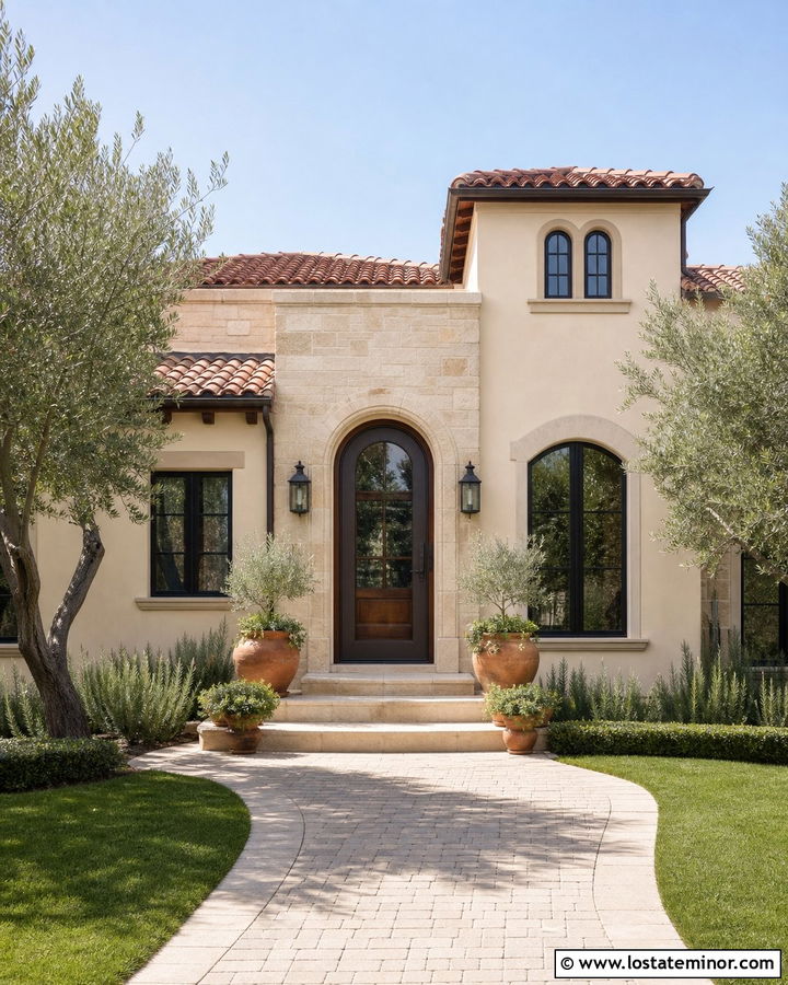 Stone Mediterranean House With Dark Brown Storm Door - 30 Stone House Design With Storm Door Ideas