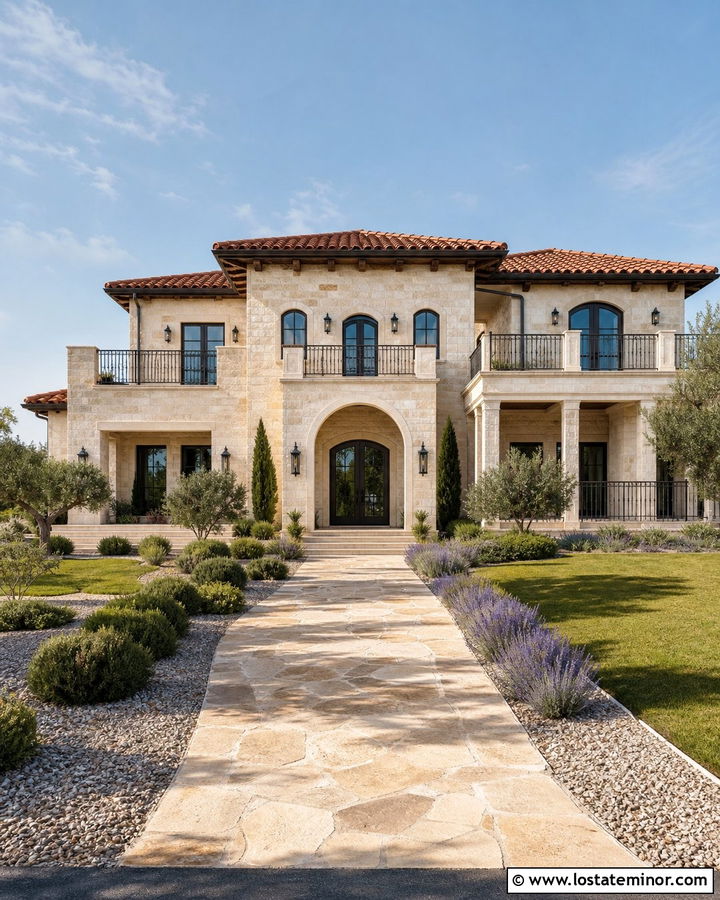 Stone Mediterranean House With Iron Railings - 30 Stone House Design With Railings Ideas