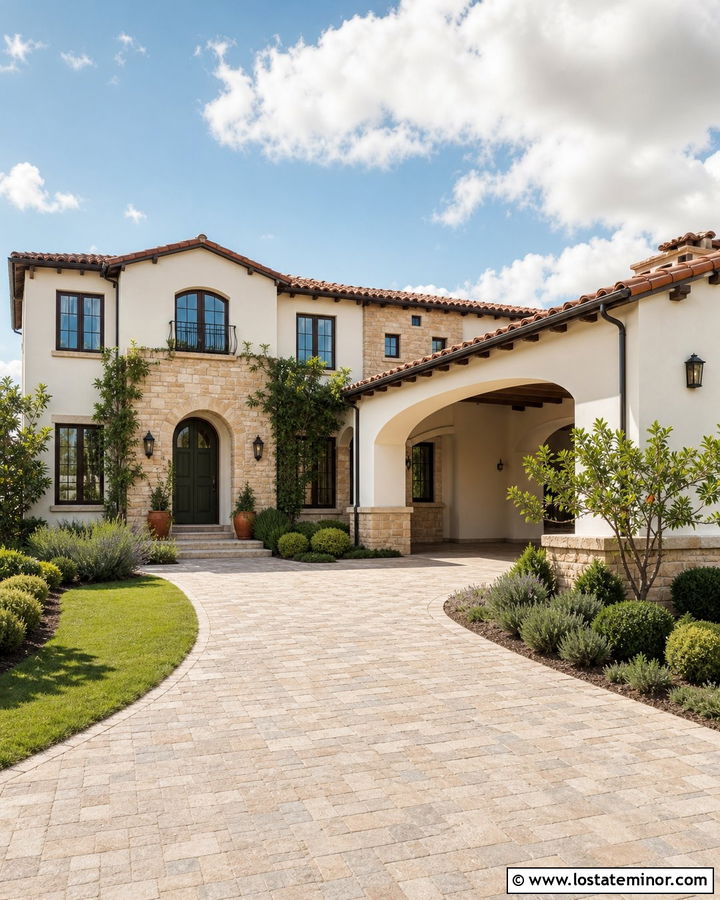 Stone Mediterranean House With Tile Roof Carport - 30 Stone House Design With Carport Ideas