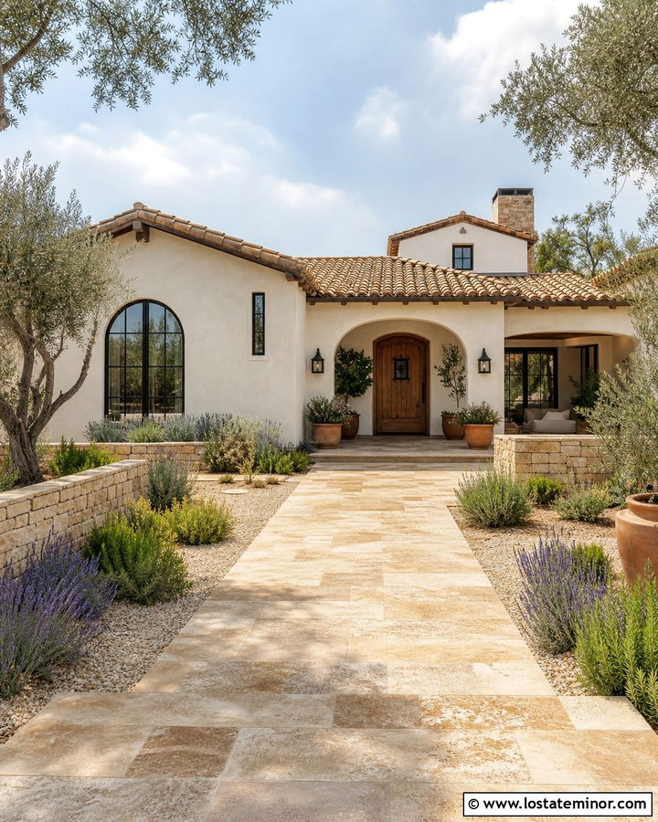 Stone Mediterranean House With Travertine Walkway - 30 Stone House Design With Walkway Ideas