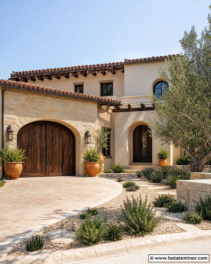 Stone Mediterranean House With Wood Garage Door - 30 Stone House Design With Garage Door Ideas