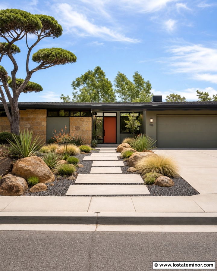 Stone Mid Century House With Geometric Walkway - 30 Stone House Design With Walkway Ideas