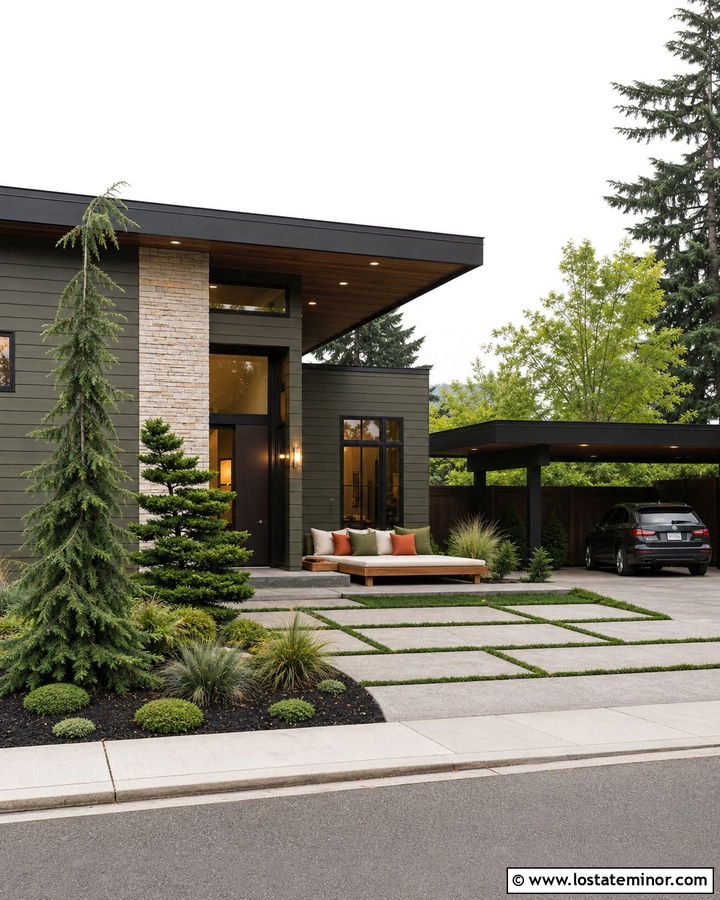 Stone Mid Century House With Patio Daybed - 30 Stone House Design With Daybed Ideas