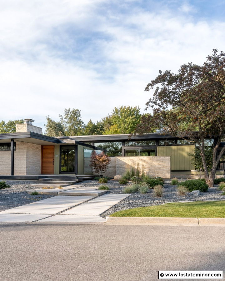 Stone Midcentury House With Cantilevered Awning - 30 Stone House Design With Awning Ideas