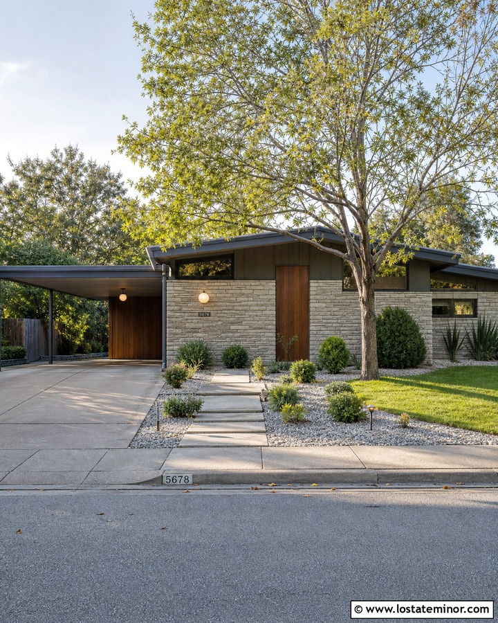 Stone Midcentury House With Globe Lighting - 30 Stone House Design With Lighting Ideas