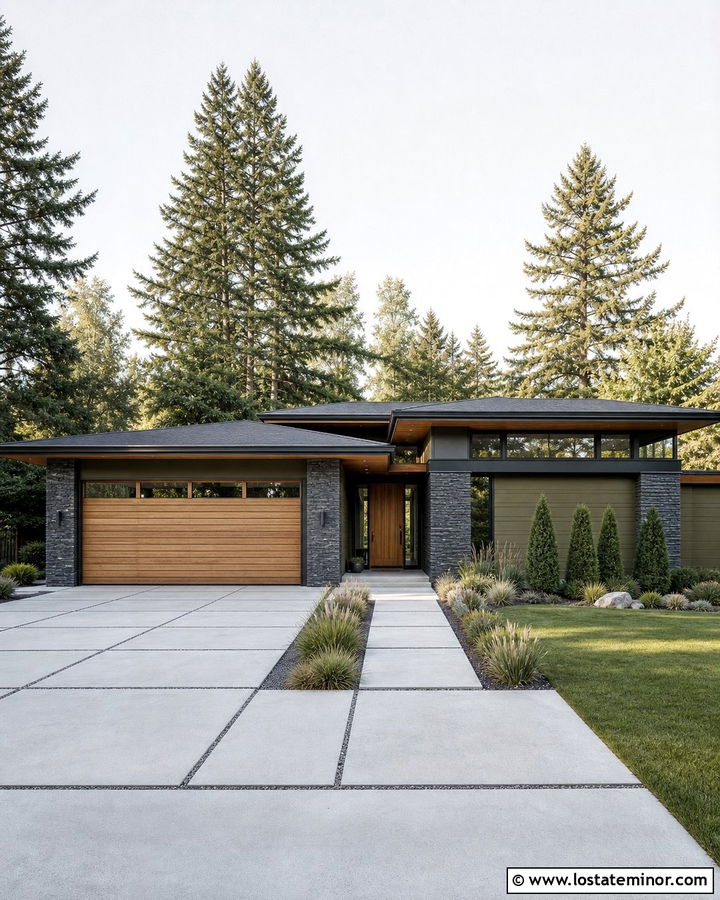 Stone Midcentury House With Wood Slat Garage Door - 30 Stone House Design With Garage Door Ideas